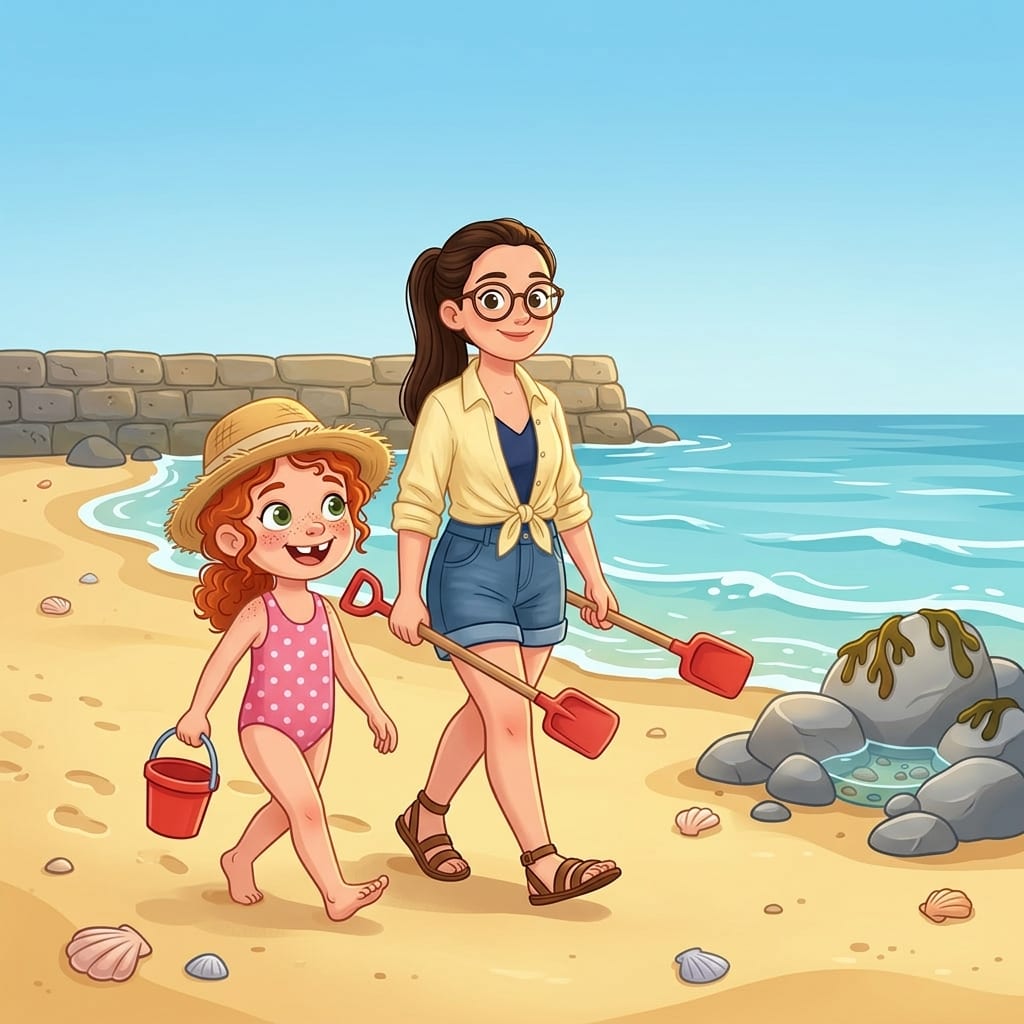 Freya, a small girl with curly red hair in a pink polka-dot swimsuit and straw hat, walks onto golden sand carrying a red bucket; beside her, Mum in a yellow linen shirt and navy swimsuit carries two spades, the sparkling blue sea ahead of them.