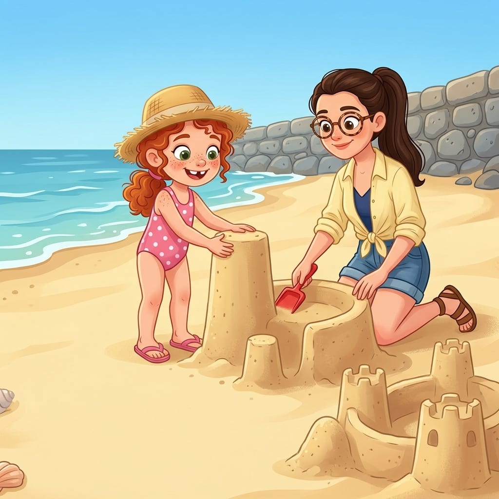 On the open sandy beach, Freya pats a tall sand tower flat with both hands while Mum smooths a sandcastle wall beside her with a spade, the beginnings of towers and walls rising between them, the sea visible behind them.
