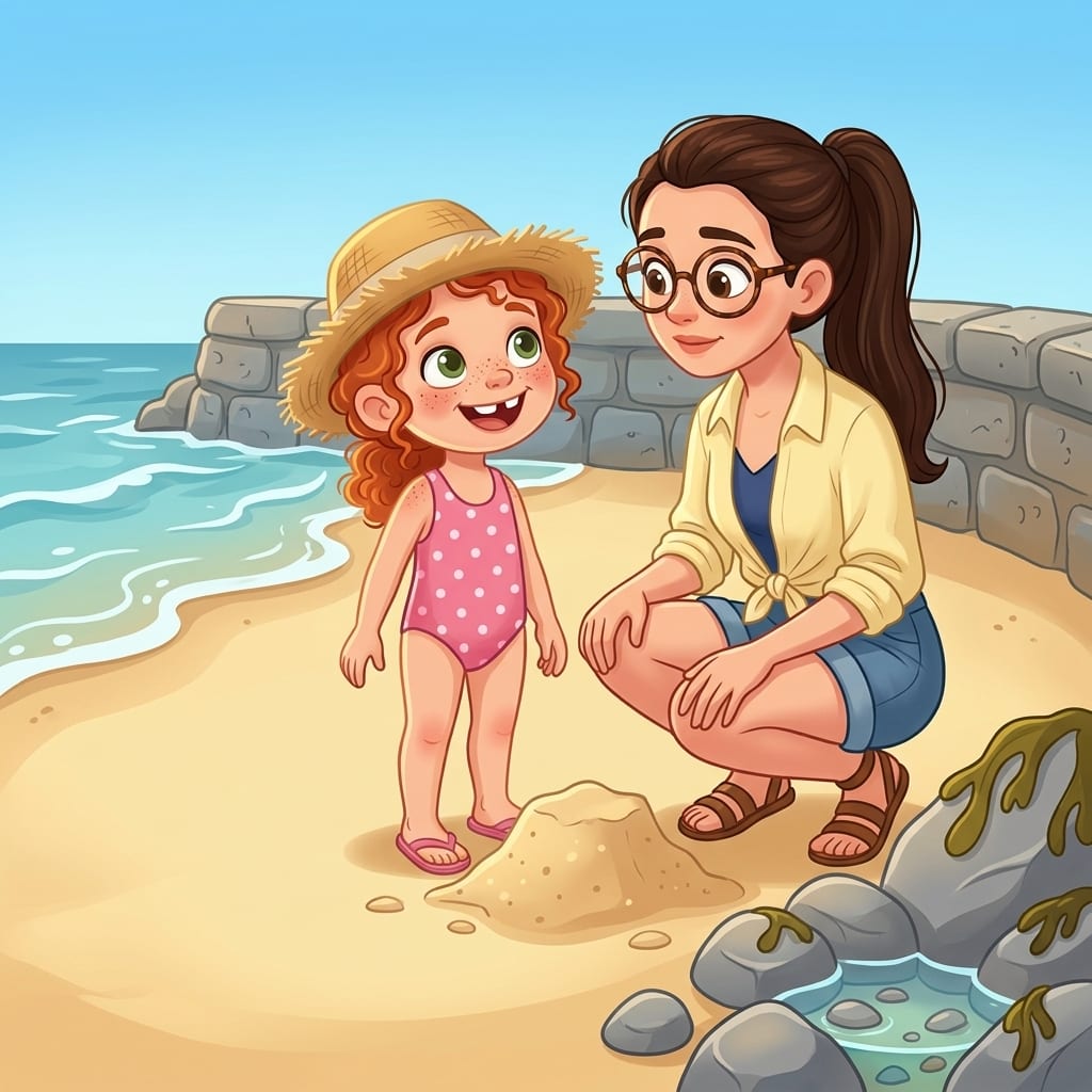 Close on Freya's smiling gap-toothed face as she looks up at Mum while standing on the flat wet sand where the sandcastle used to be, Mum crouching beside her with a gentle, questioning look.