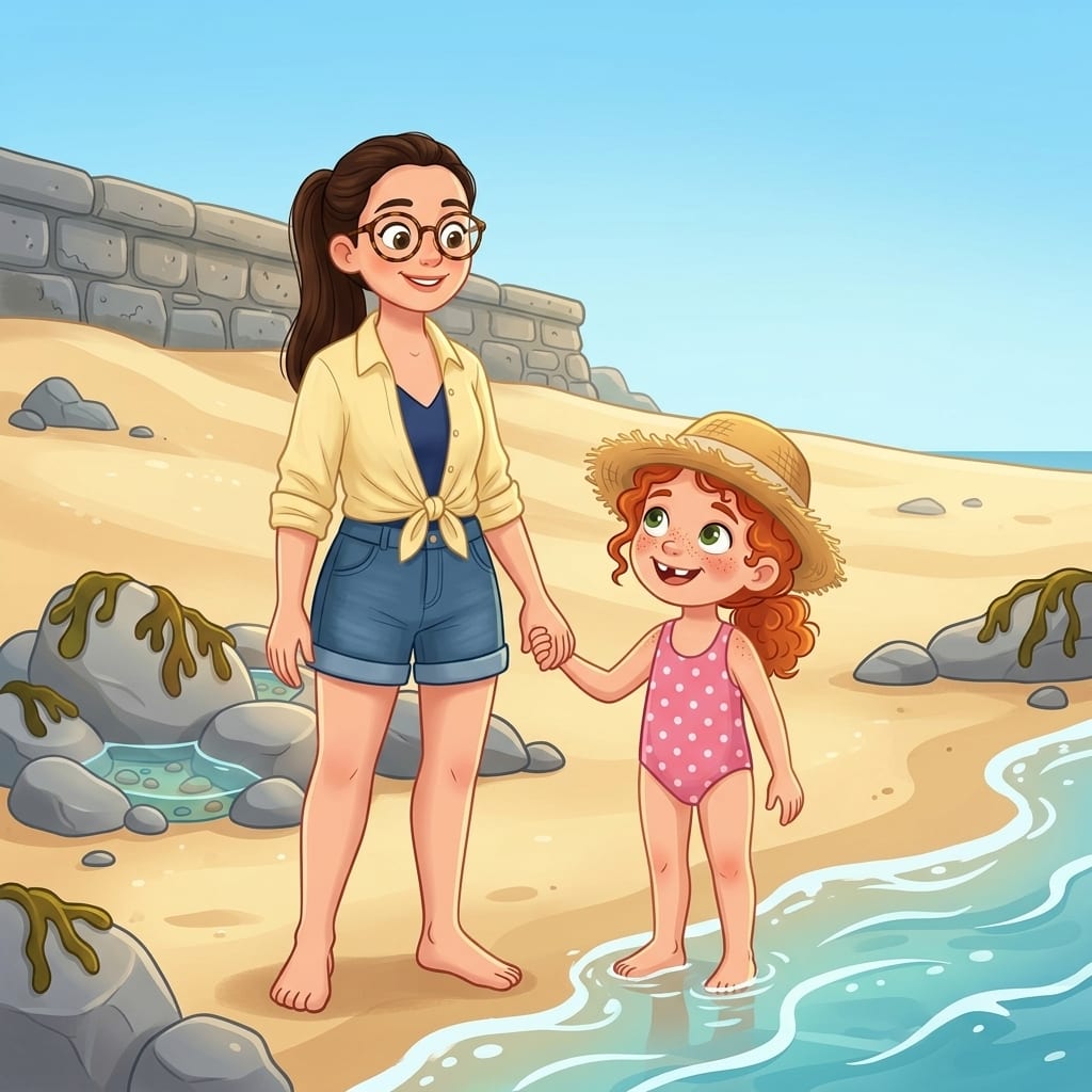 Mum and Freya stand together on the smooth wet sand, Mum squeezing Freya's hand and smiling back at her, small waves lapping at their feet where the sandcastle once stood.