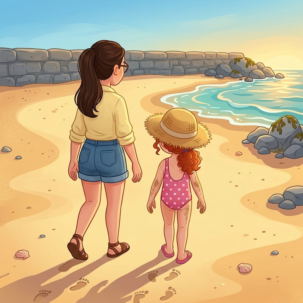 Freya and Mum walk away from the beach along a sandy path, seen from behind, their footprints trailing behind them in the late golden sunlight, Freya's arm still a little sticky and sandy.