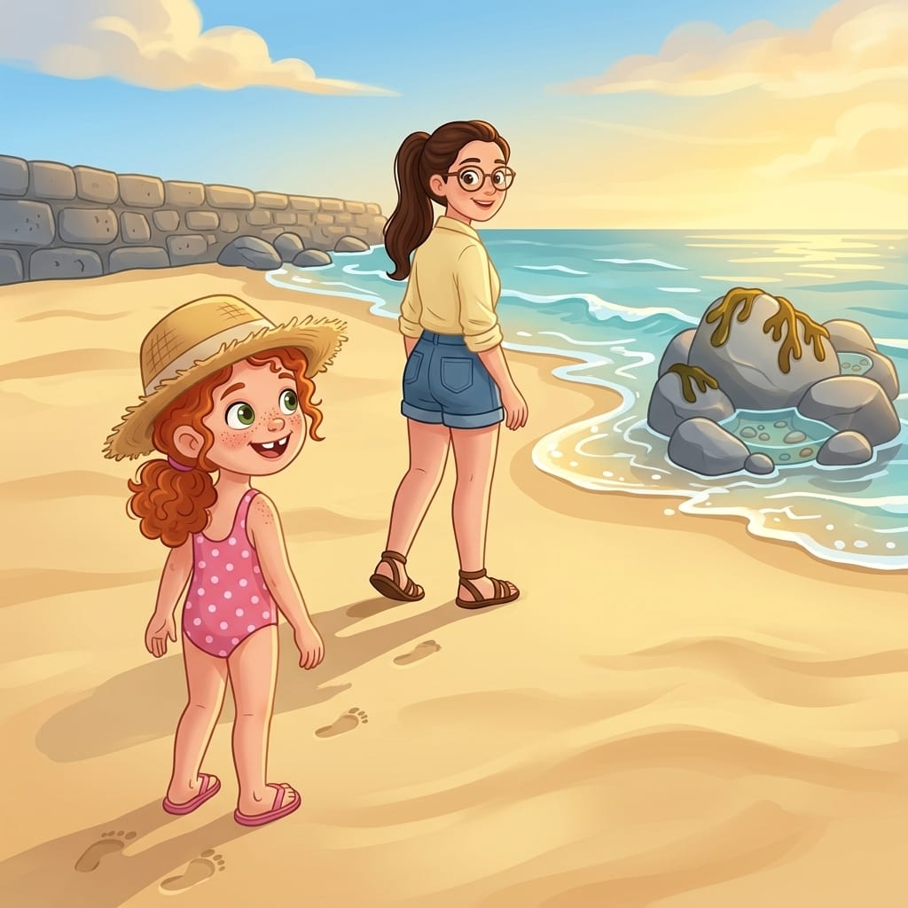 Freya pauses and turns back to look over her shoulder at the sea, where small waves roll gently over the smooth sand where their sandcastle once stood, the beach golden in the late afternoon light, Mum waiting a few steps ahead of her.