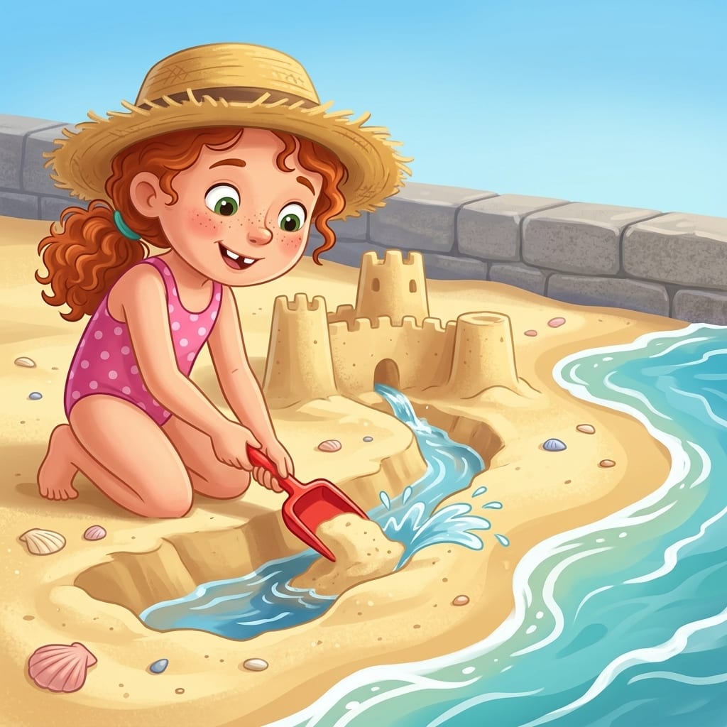 Close on Freya kneeling on the sand digging a deep moat around the sandcastle with her spade, sea water trickling in and filling the moat with a small splash, the castle's towers rising just behind the moat.