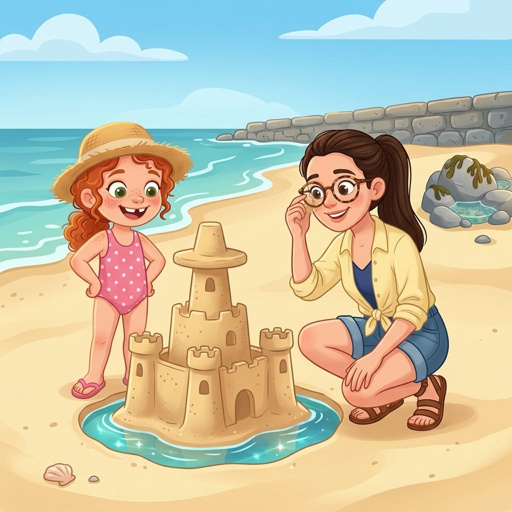 Freya stands proudly beside the finished sandcastle, its tallest tower patted flat like a king's hat, while Mum crouches next to her wiping sand from her round glasses with one hand, the full moat glistening with water around the castle.