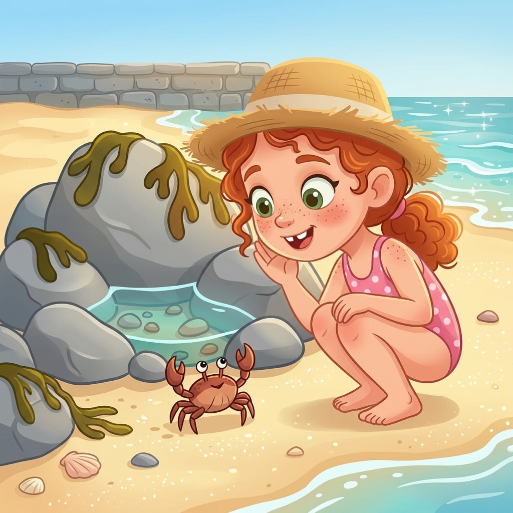 Close up on the little crab standing on wet sand in front of the rocks, claws raised, while Freya leans down close with a gap-toothed smile, whispering to it.