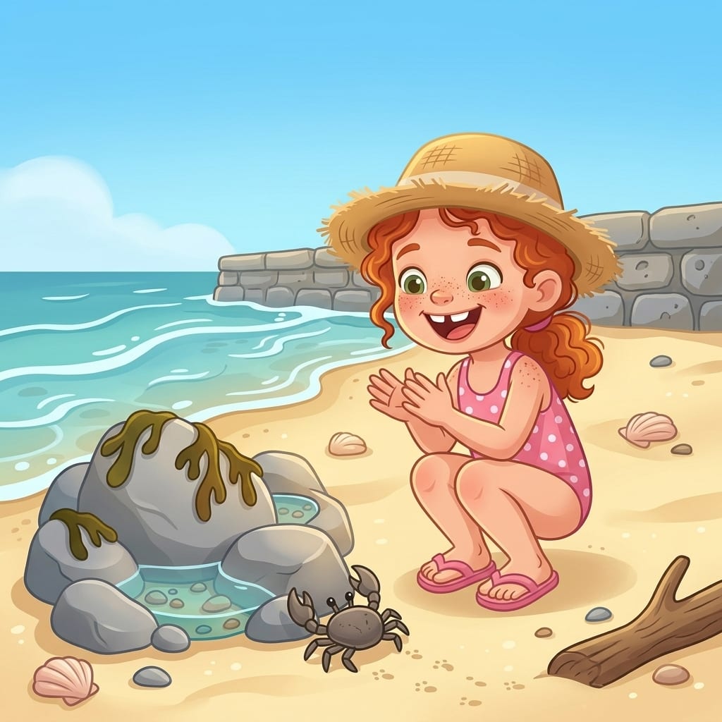 The little crab scuttles sideways across the wet sand near the rocks, leaving tiny trails, while Freya claps her hands and laughs, crouched a little way off watching it dance.