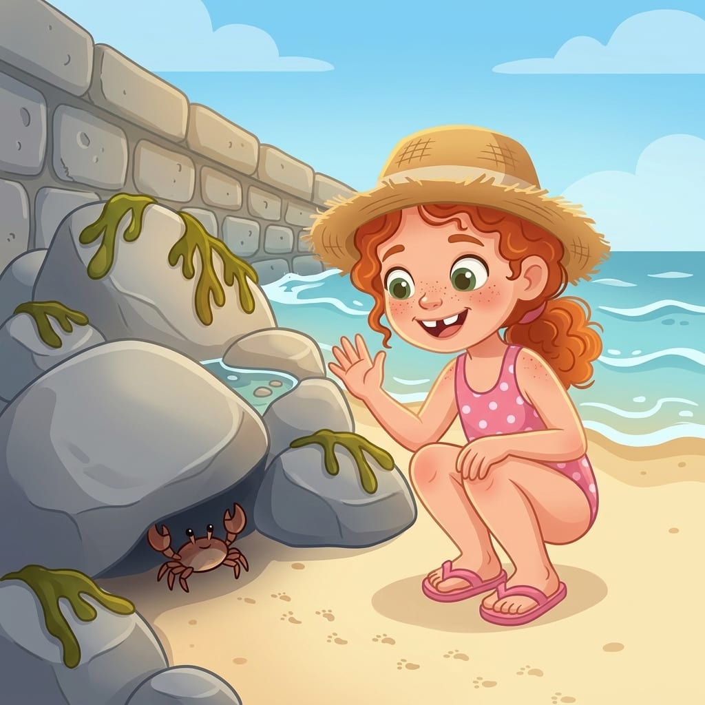The little crab scuttles back under the shadow of a rock at the edge of the beach, only its claws still visible, as Freya crouches nearby waving goodbye with one hand.