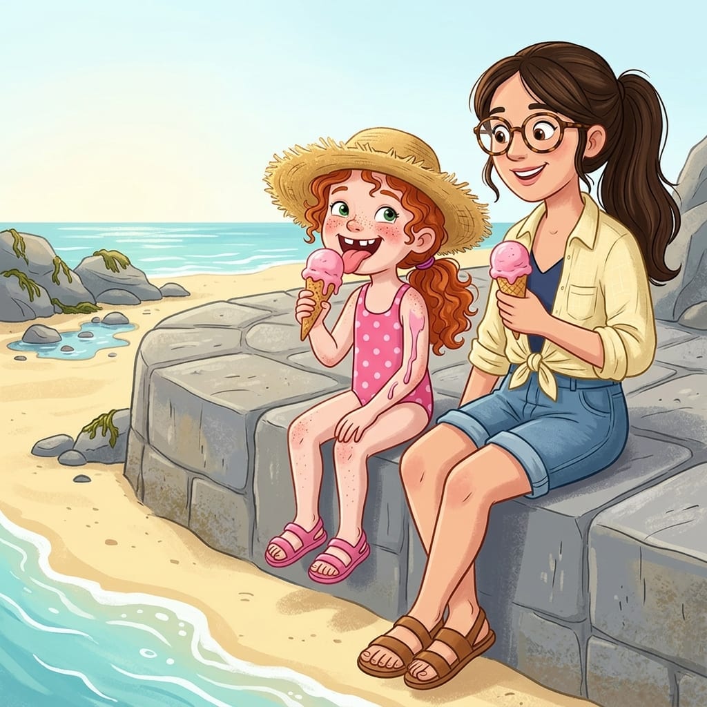 Freya and Mum sit side by side on the flat stones of the sea wall eating pink strawberry ice creams, with a melted drip running down Freya's arm past her elbow as she licks it off, laughing; the sandy beach stretches below them.