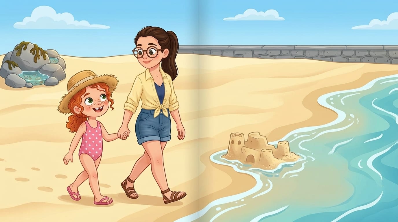 Freya and Mum walk hand in hand across the wide beach toward a stretch of smooth, flat wet sand where their sandcastle once stood, now washed over by gentle waves, the stone sea wall far behind them in the distance.